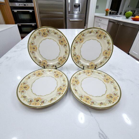 P.B. Japan Charm 9 7/8" Dinner Plate Floral Scroll Gold Trim 1950 1960s Set of 4 - Picture 1 of 5